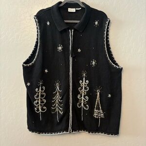 White Stag vintage women's black embroidered Christmas tree sweater vest 22W 24W